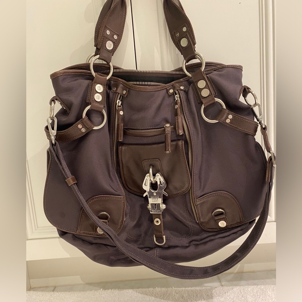 Brown Leather-Trim Satchel Handbag - Women Bags Satchels